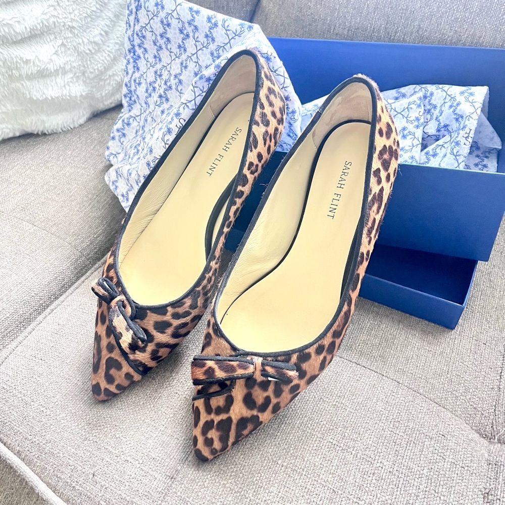 Sarah Flint Leopard Print Flats- cones I. Shoe box and protective covers .
